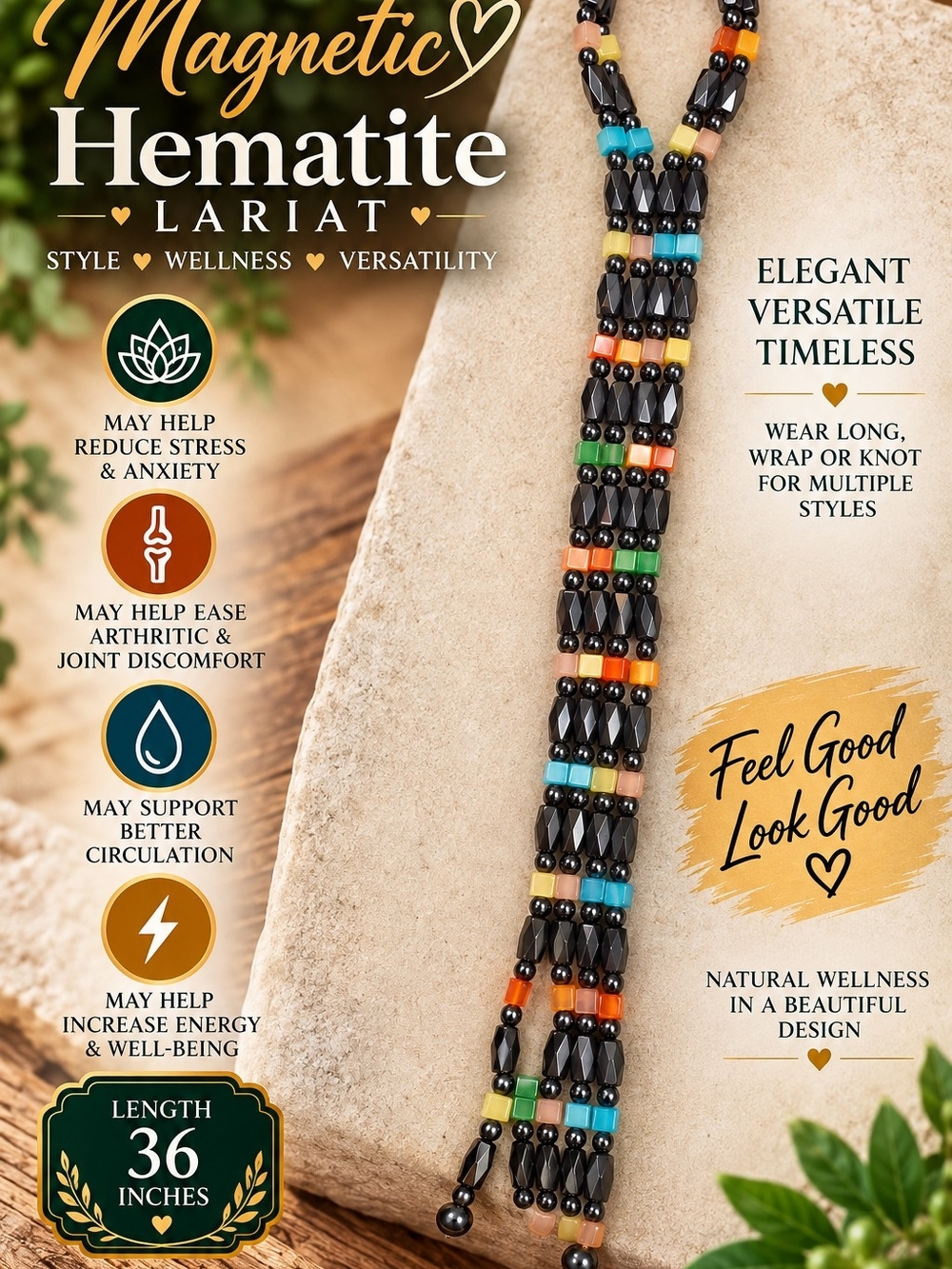 Magnetic Hematite Lariat Necklace with Multicolor Accent Beads